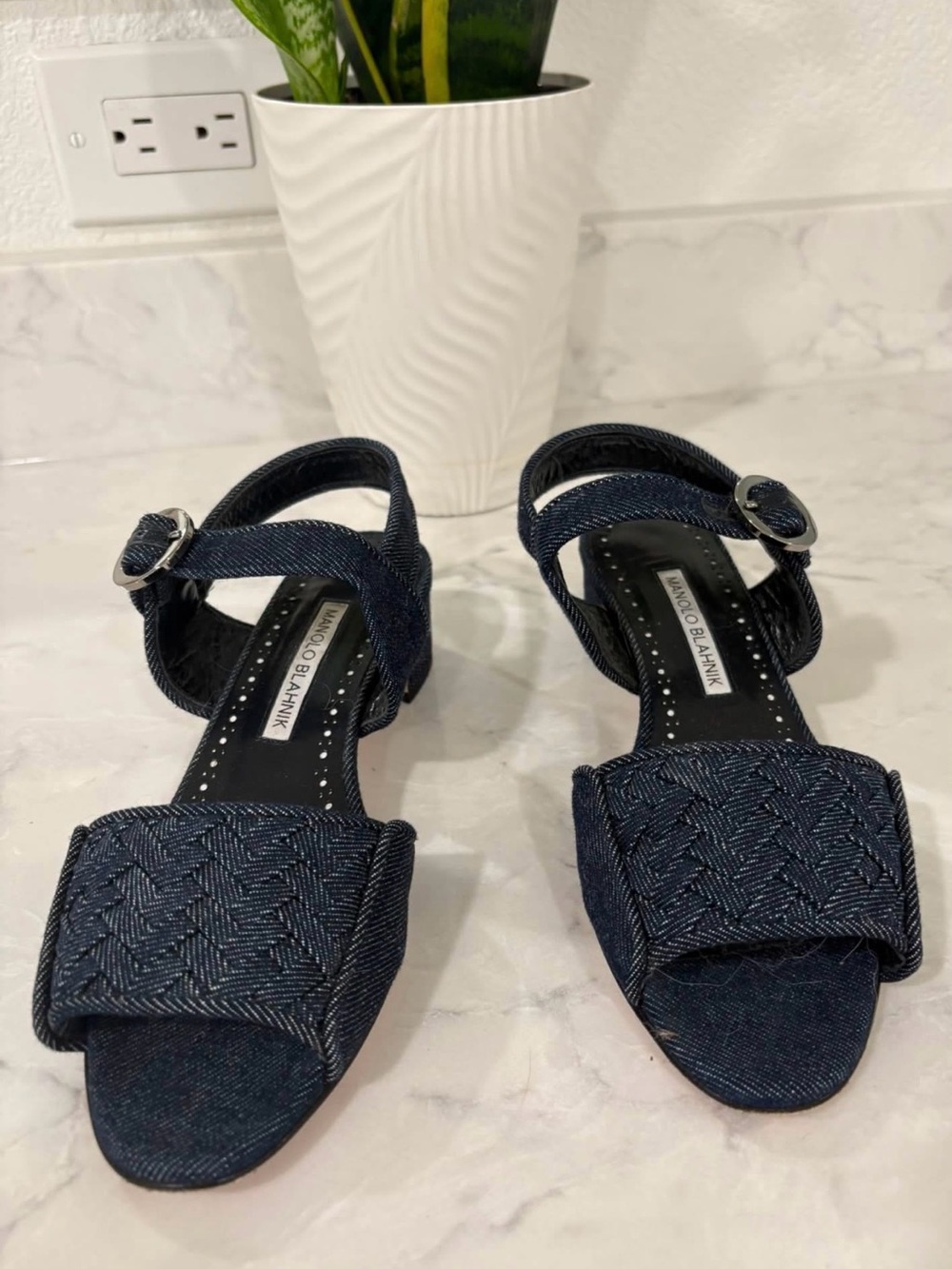 Manolo Blahnik Dark Blue Braided Open-Toe Sandals